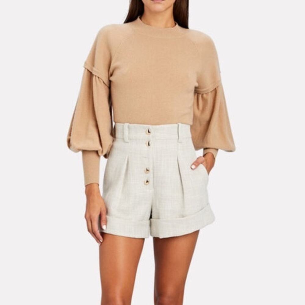 JONATHAN SIMKHAI Mackenzie 100% Cashmere Bishop-Sleeve Sweater in Camel Tan Sz M